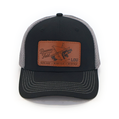 LOU Bowman Field Airport Diagram hat — black front with gray mesh — front view