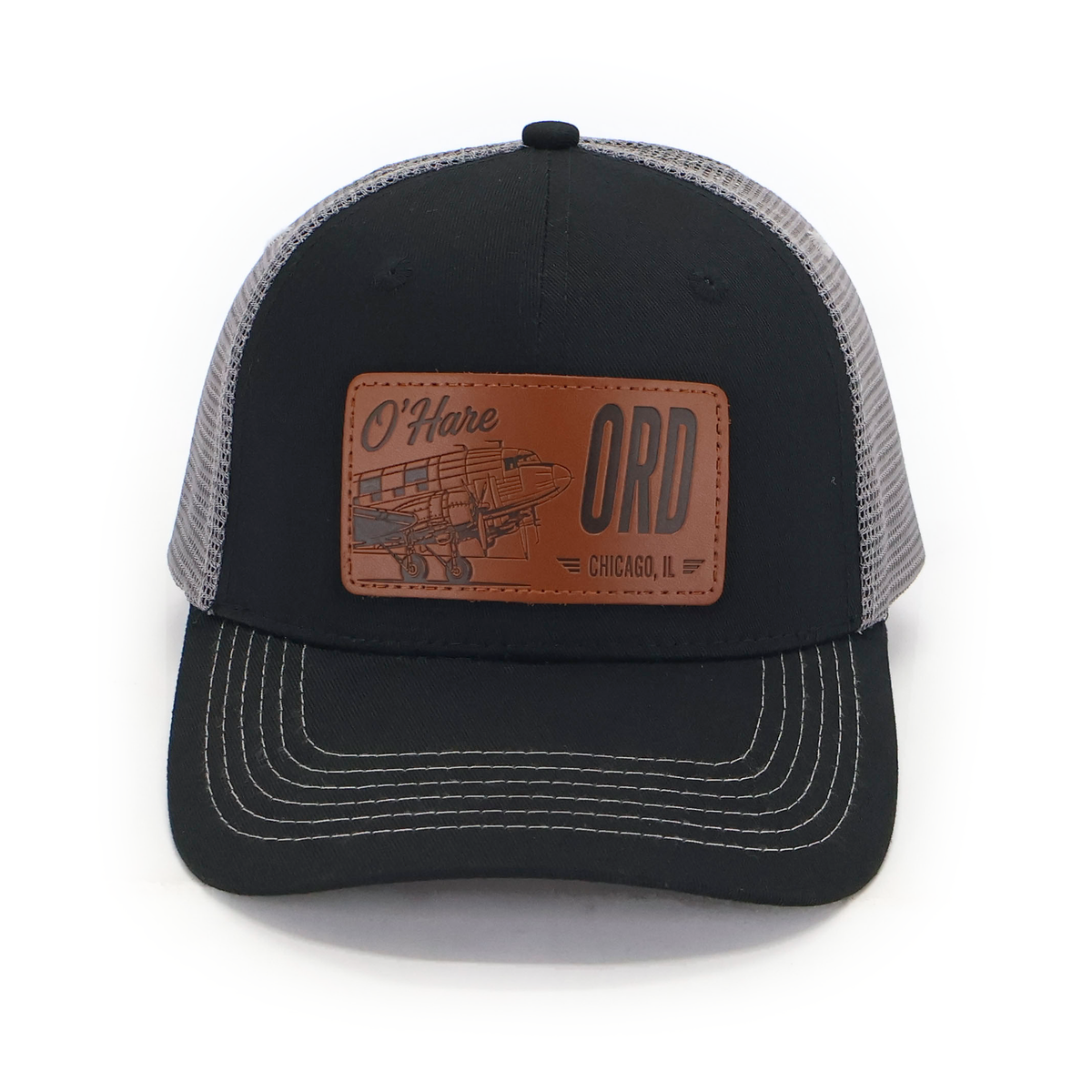ORD Chicago DC-3 hat — black front with gray mesh — front view