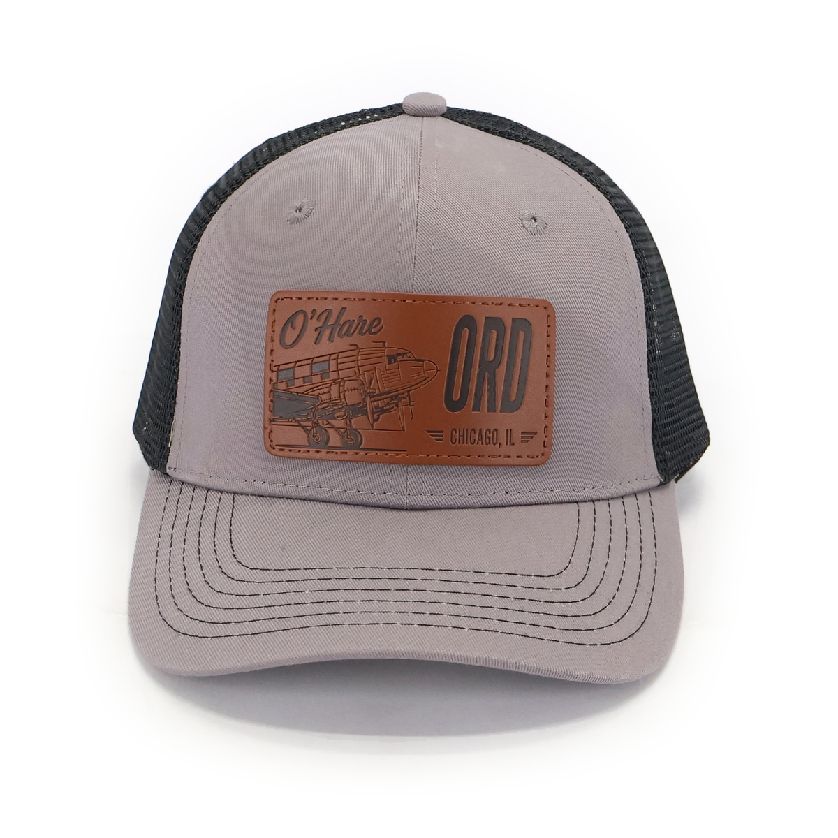 ORD Chicago DC-3 hat — gray front with black mesh — front view