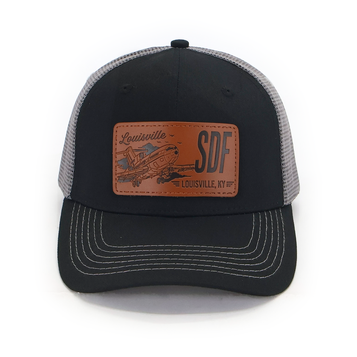 SDF Louisville 727 hat — black front with gray mesh — front view