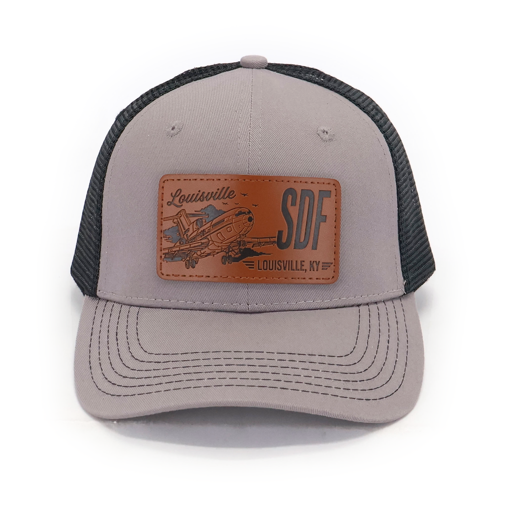 SDF Louisville 727 hat — gray front with black mesh — front view