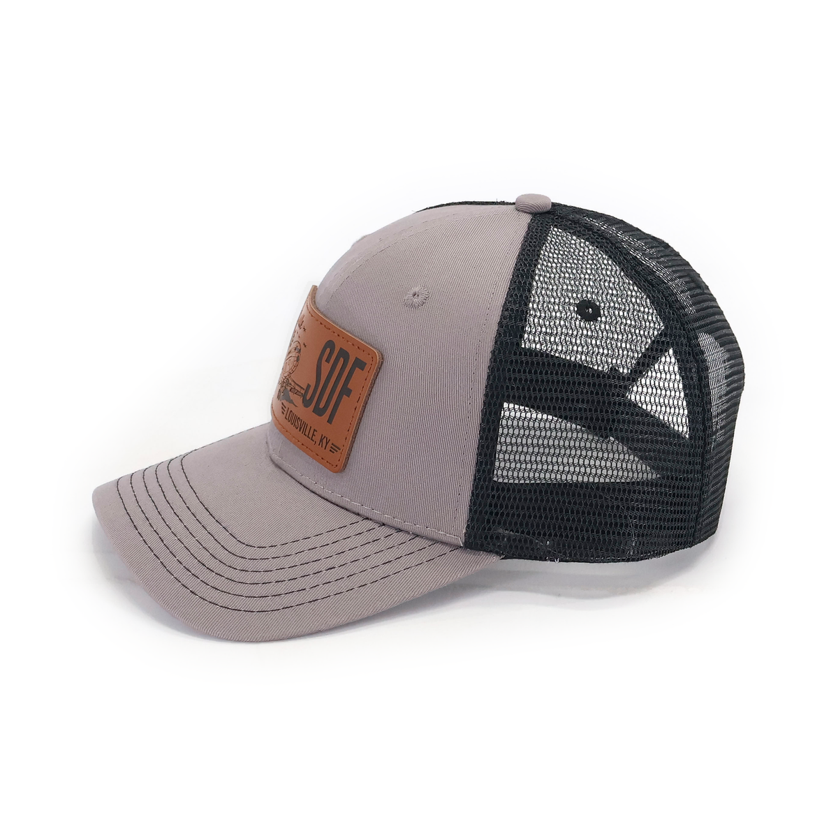 SDF Louisville 727 hat — gray front with black mesh — side view