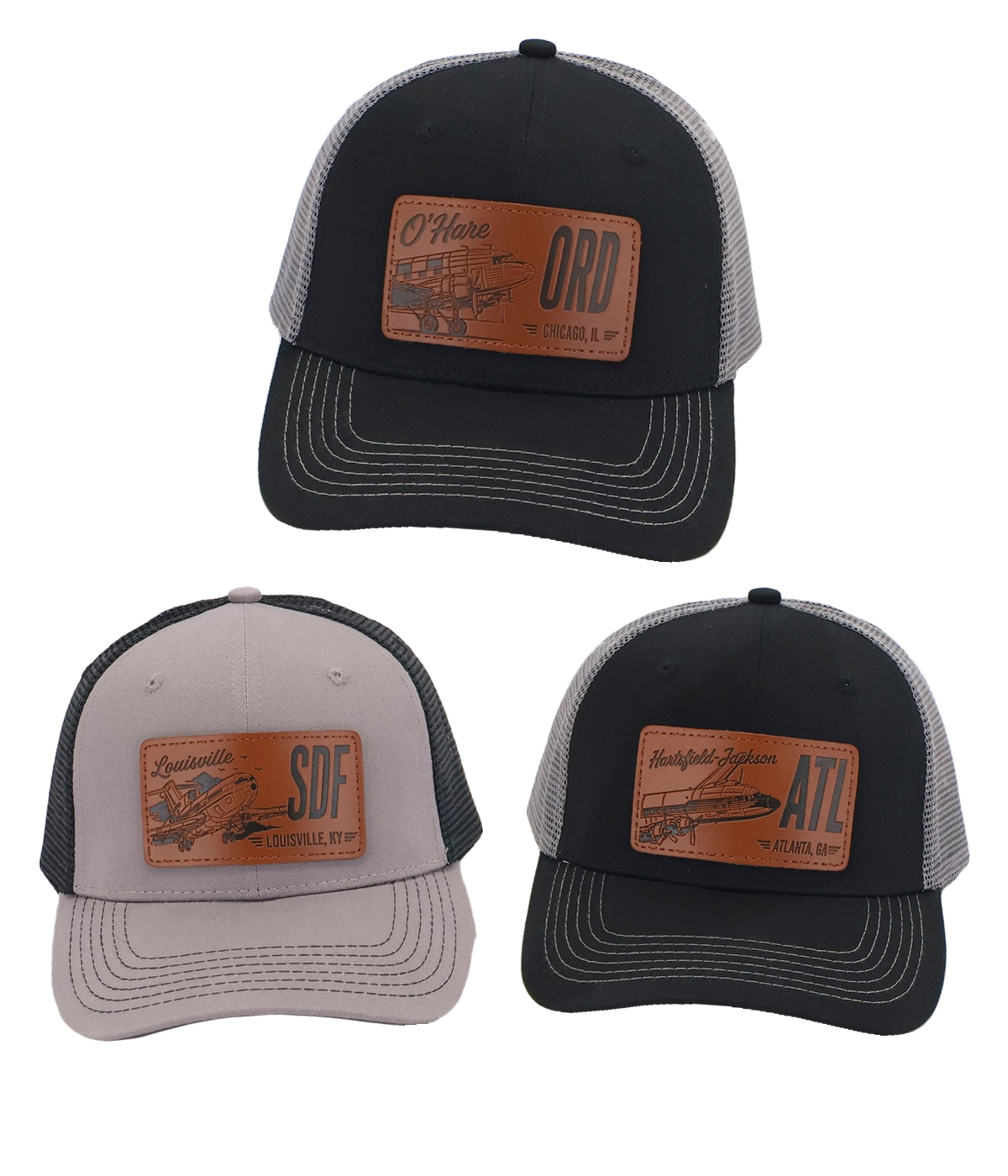 ORD Chicago DC-3, SDF Louisville 727, and ATL Atlanta DC-6 hats